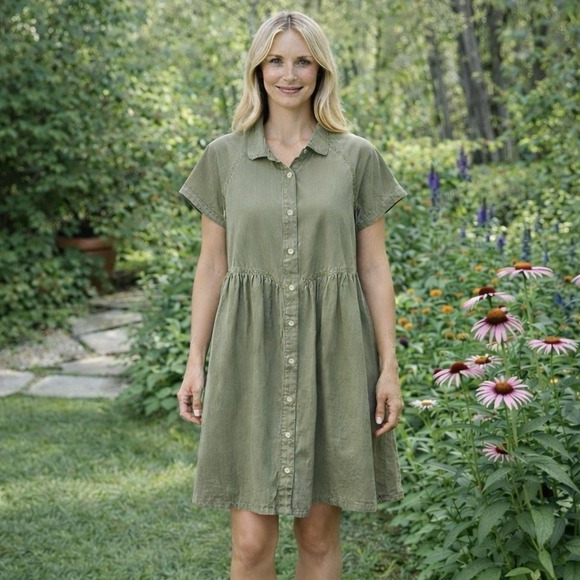 Pact Dresses & Skirts - Pact 100% Organic Cotton Chambray Button Down Shirt Dress Color Seagrass L